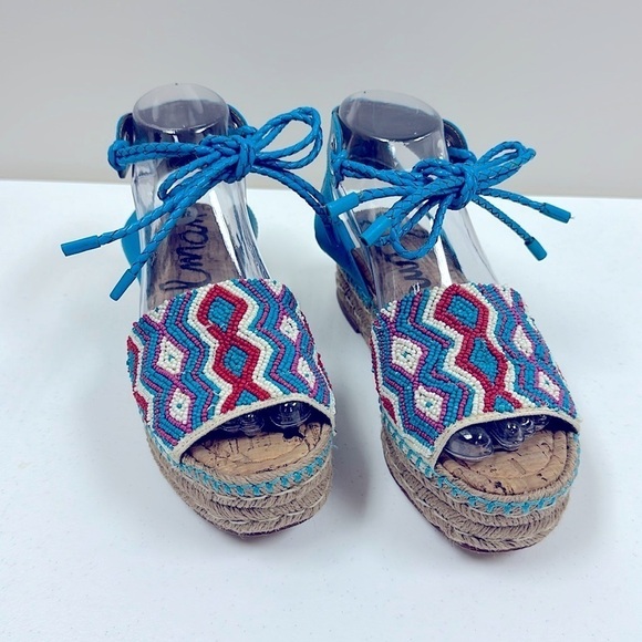 SAM EDELMAN "NEERA"  BLUE & RED BEADING ESPADRILLE WEDGES SZ 6.5 BOHO COASTAL - Picture 4 of 13